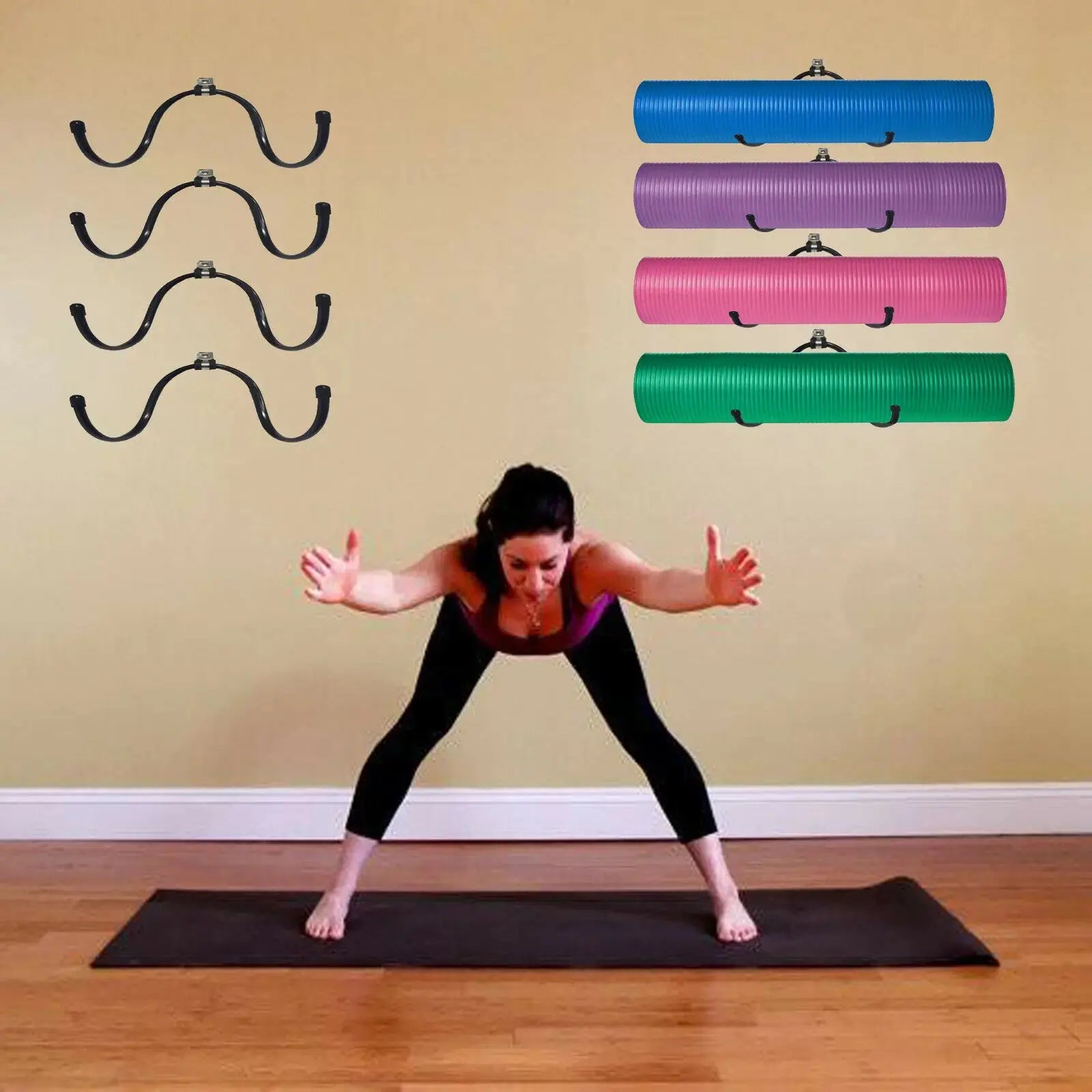 4 Wall Mount Yoga Mat Foam Roller & Towel Rack Holder for Fitness Class Home Gym