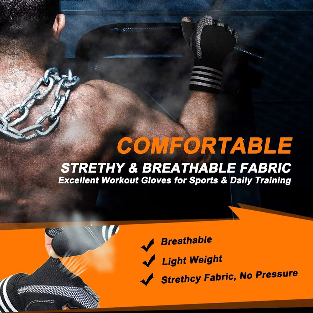 Workout Gloves for Men Women Exercise Weight Lifting Gloves Wrist Wraps Support Gym Fingerless Grip Right for Dumbbell Cycling